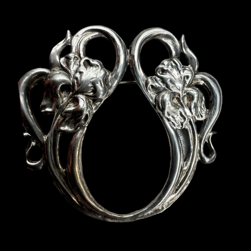 Vintage Silver Iris Brooch Art Nouveau Style Openwork Pin